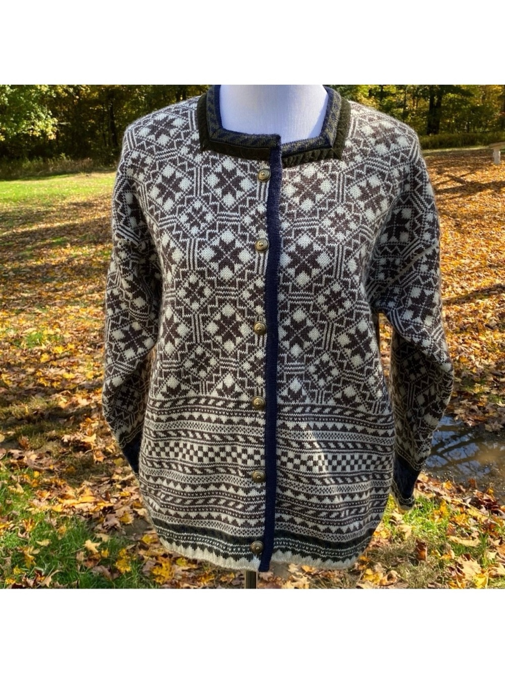 OLEANA NORWAY SWEATER CARDIGAN BROWN CREAM BLUE FAIR ISLE WOOL SQUARE NECK S